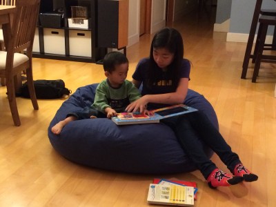 reading on a bean bag chair